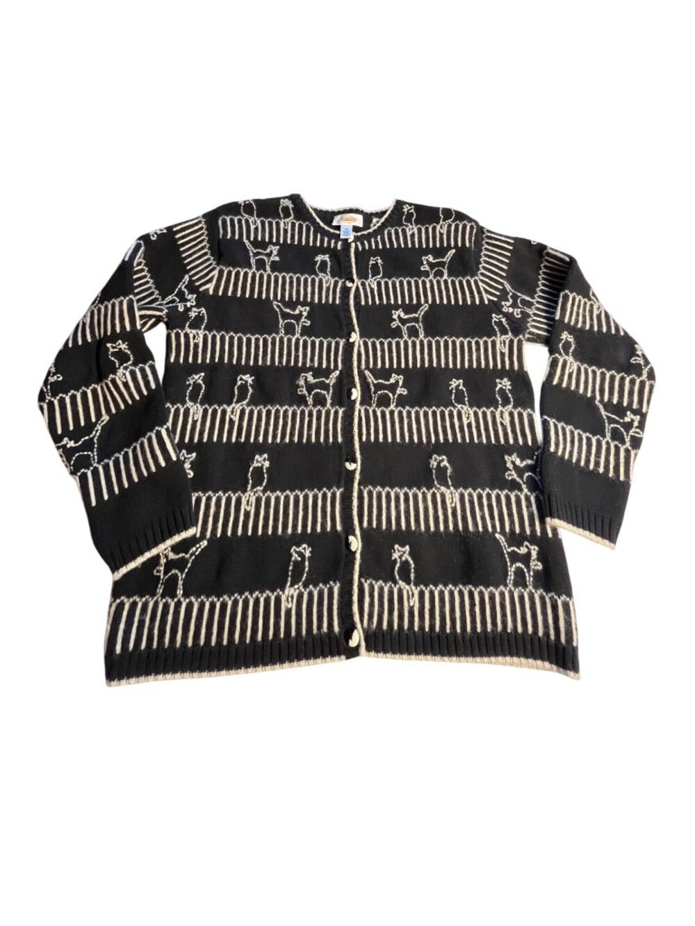 Talbots Black & White Cat Print Cardigan Sweater Button M Cotton Wool Blend VTG